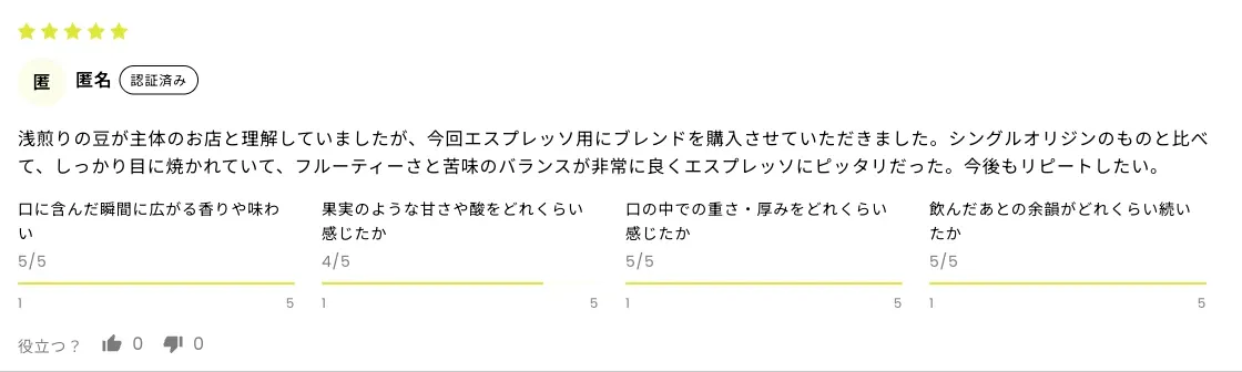 商品ページに並ぶレビュー1件。本文の下に4つの項目が5段階のバーで表示されている