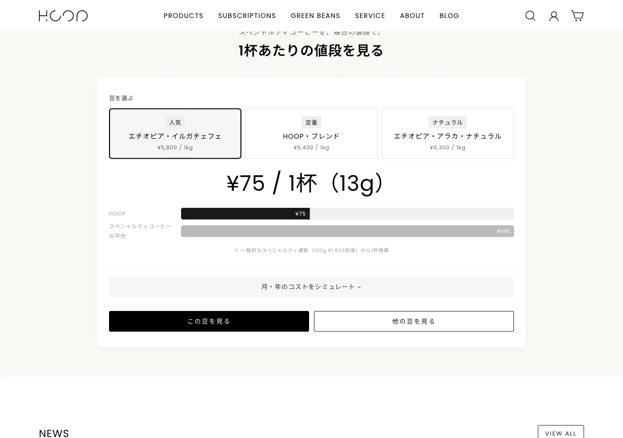 HOOP COFFEE カップ単価シミュレーター — 1杯あたりの値段と競合比較
